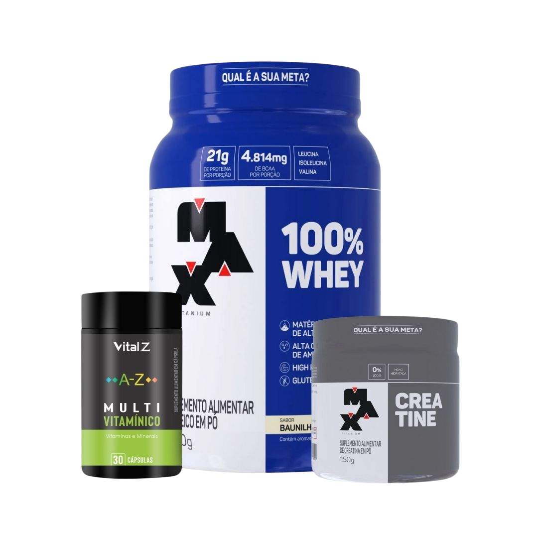 Combo 100% Whey 900g + Creatina 150g + Multivitamínico completo